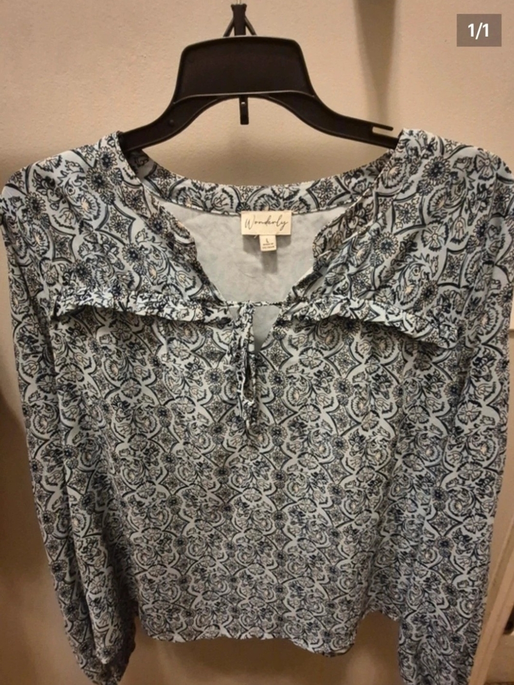 Wonderly Blue Paisley Tie-Neck Long Sleeve Blouse